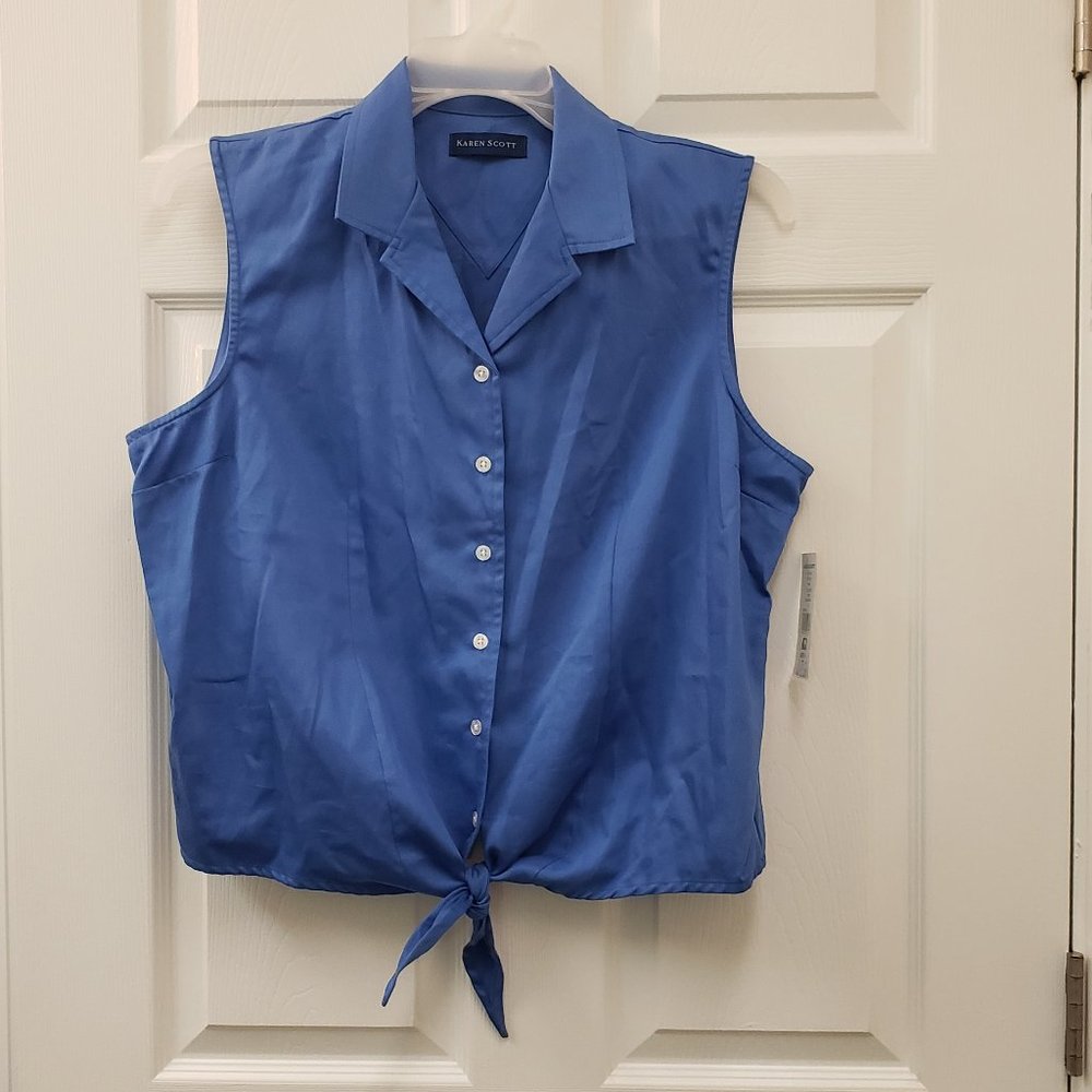 Karen Scott, NWT, blue, sleeveless, button down, tie front blouse, XL